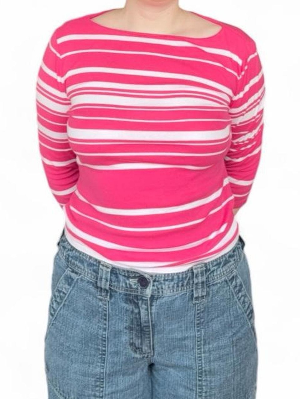 Vintage Chaps Hot Pink Striped Boatneck Top // Cotton 3/4 Sleeve Small
